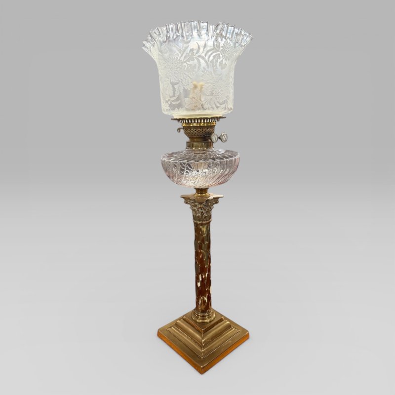 Antique Victorian Duplex Etched Glass Tulip Shade Oil Lamp With Brass Column - Image 3